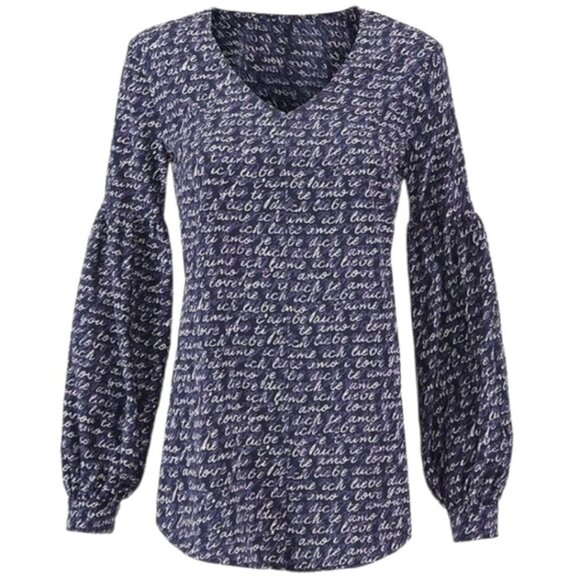 Cabi Te Amo Printed‎ Balloon Sleeve Blouse S Blue Top - Picture 9 of 11